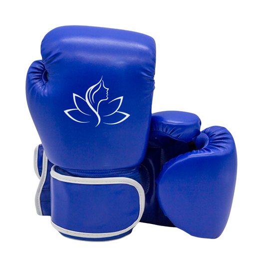 Blue boxing gloves with a white Relief X logo on a white background