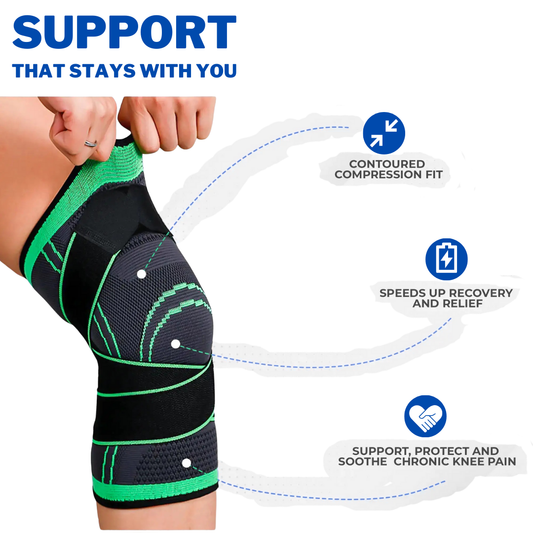 Knee brace with green and black design, labeled 'Support That Stays With You', on a white background.