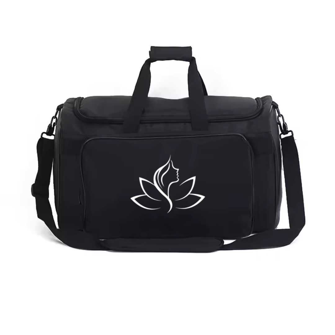 Black duffel bag with a white lotus flower design on a white background