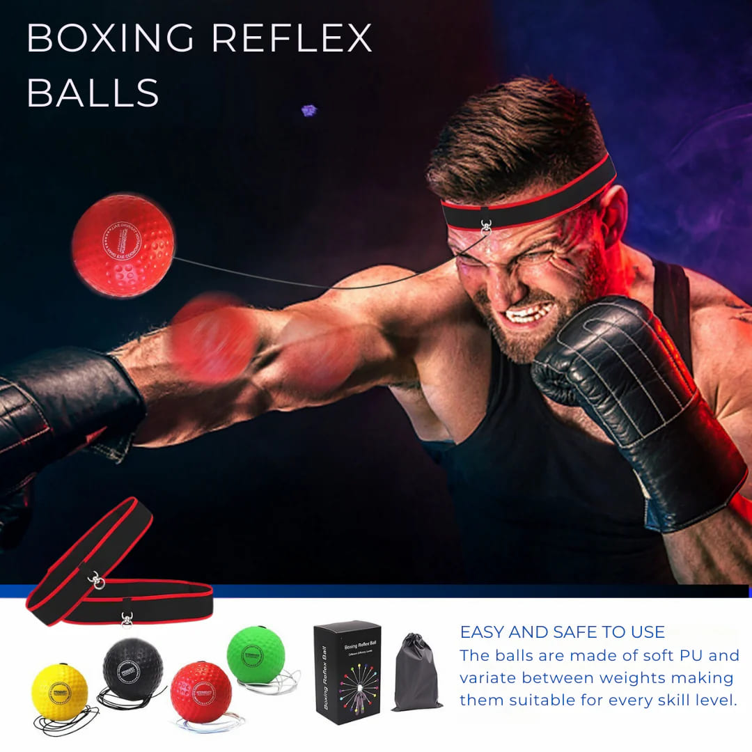 Boxer using boxing reflex balls with product packaging and color options displayed.