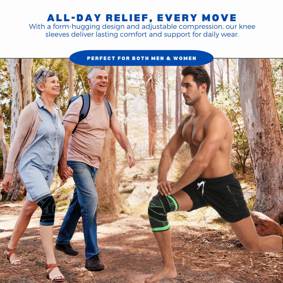 Two people walking in a forest with a man wearing a knee sleeve, promoting knee sleeves for comfort and support.