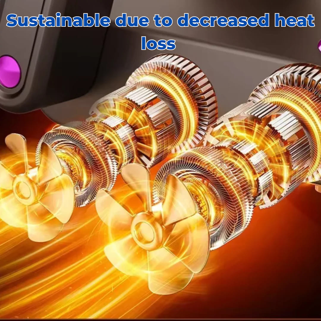 Close-up of metallic cooling fans with text about decreased heat loss from the boxing glove cleaner device