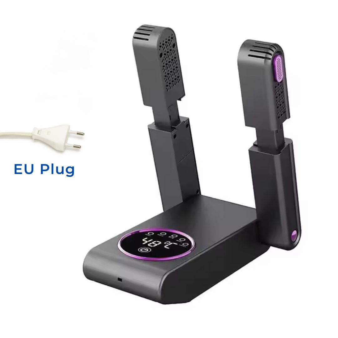 Black electronic device boxing glove dryer and cleaner with temperature display and EU plug on a white background