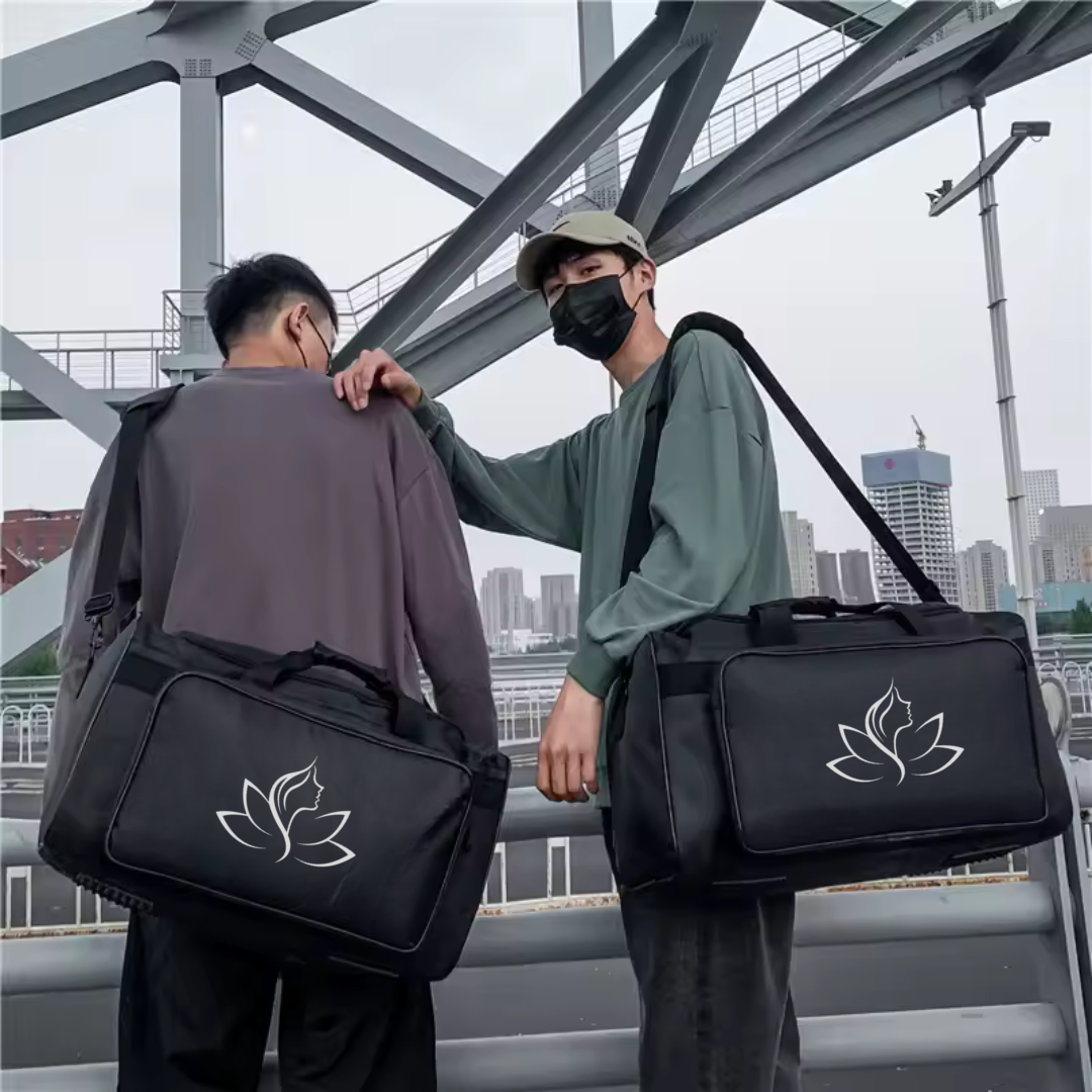 Two people carrying black bags with a white logo on a cityscape background
