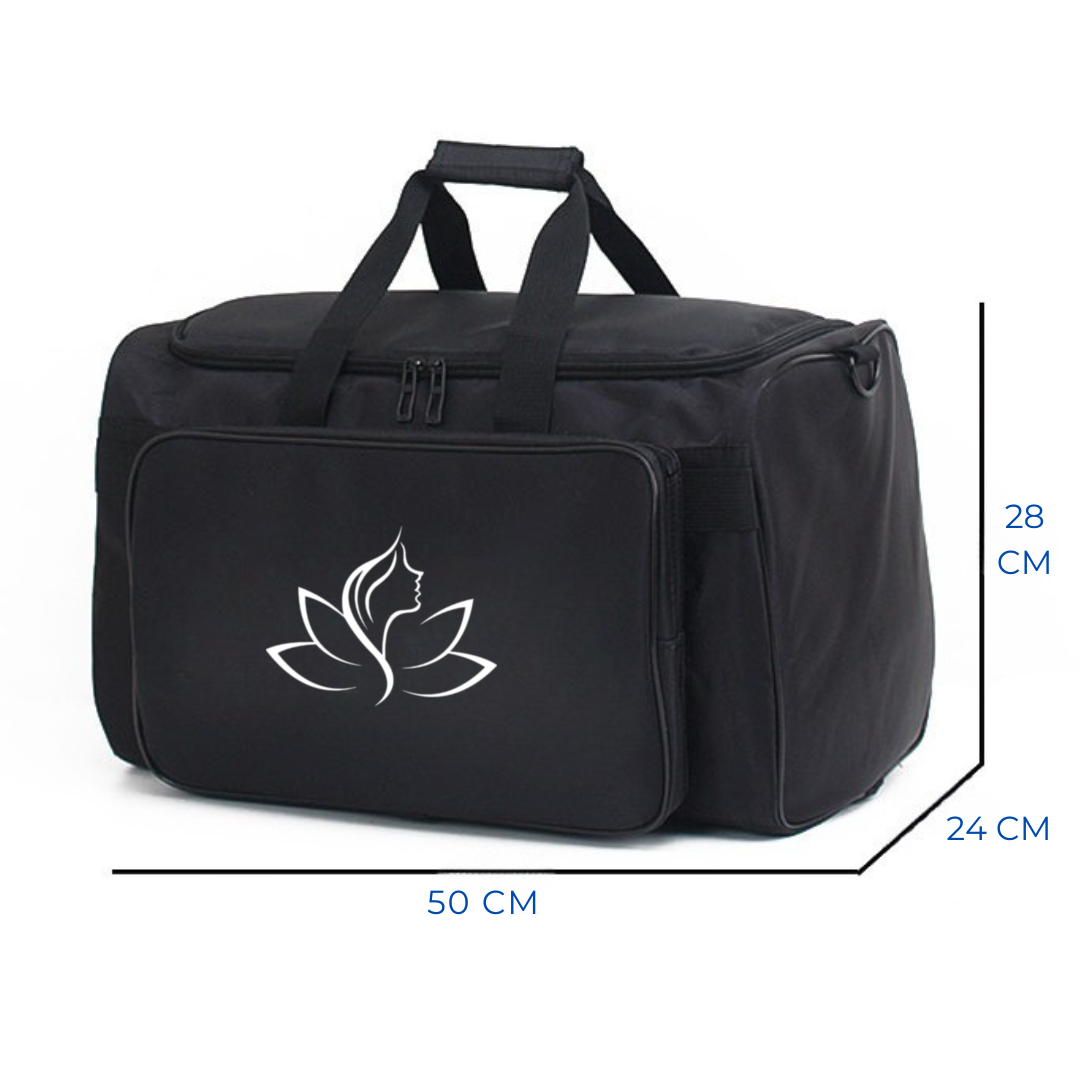 Black duffel bag with a white lotus flower design and measurements on a white background