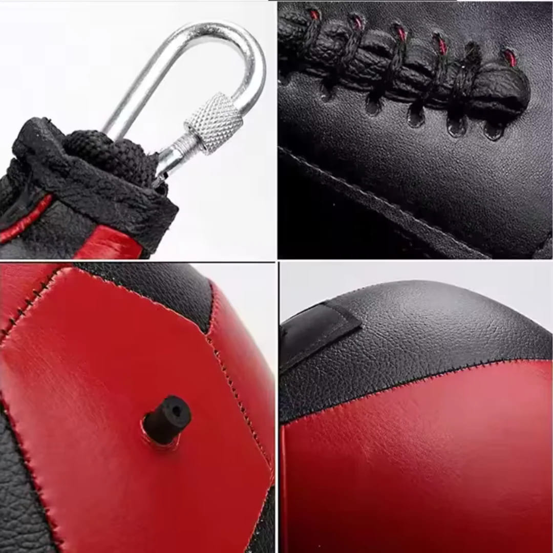 Collage of a red and black punching bag for home with a carabiner, close-up of stitching, and side view.