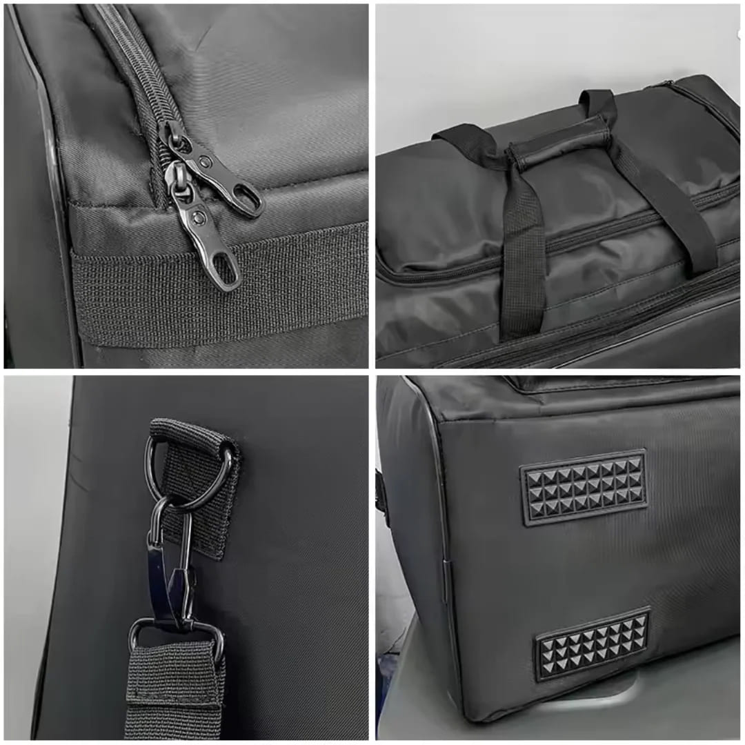 Collage of a black duffel bag with various features including a zipper, shoulder strap, and studded details.