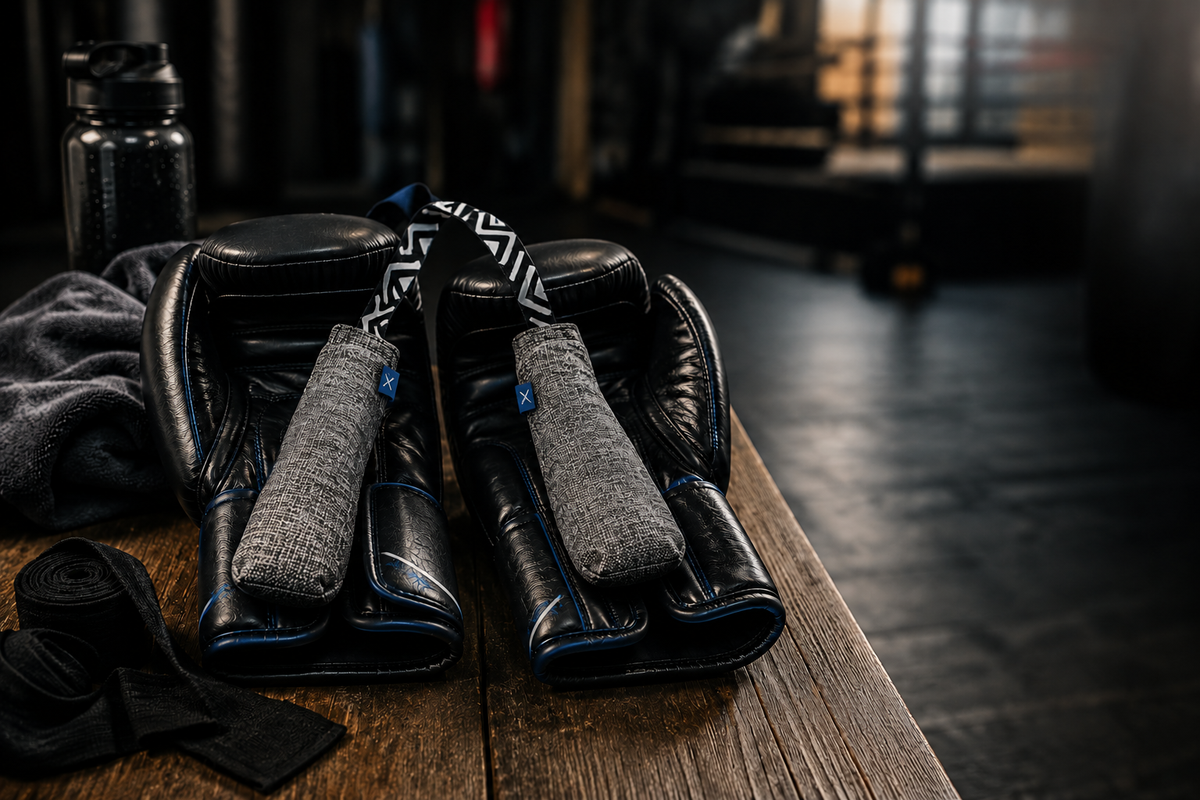 A pair of black leather boxing gloves with gray natural bamboo glove deodorizer and a black-and-white patterned strap, resting on a wooden table in a dimly lit gym setting.