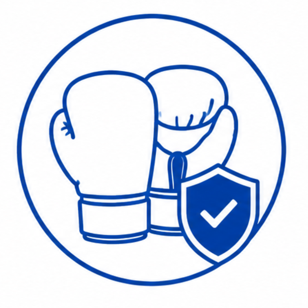 Blue line-art icon of two boxing gloves with a shield and checkmark inside a circle on a white background.