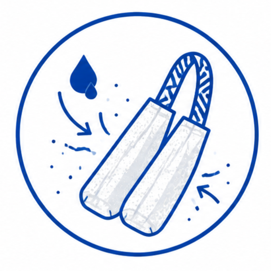 Blue and white line art icon depicting two soft glove deodorizers with a handle, surrounded by sweat droplet and splash graphics inside a circular border on a white background.