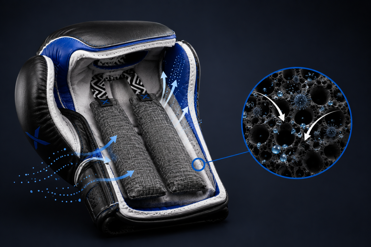 A black and blue boxing glove shown open to reveal gray textured glove deodorizers, with blue airflow arrows indicating breathability and a circular inset showing a close-up of the porous interior material.