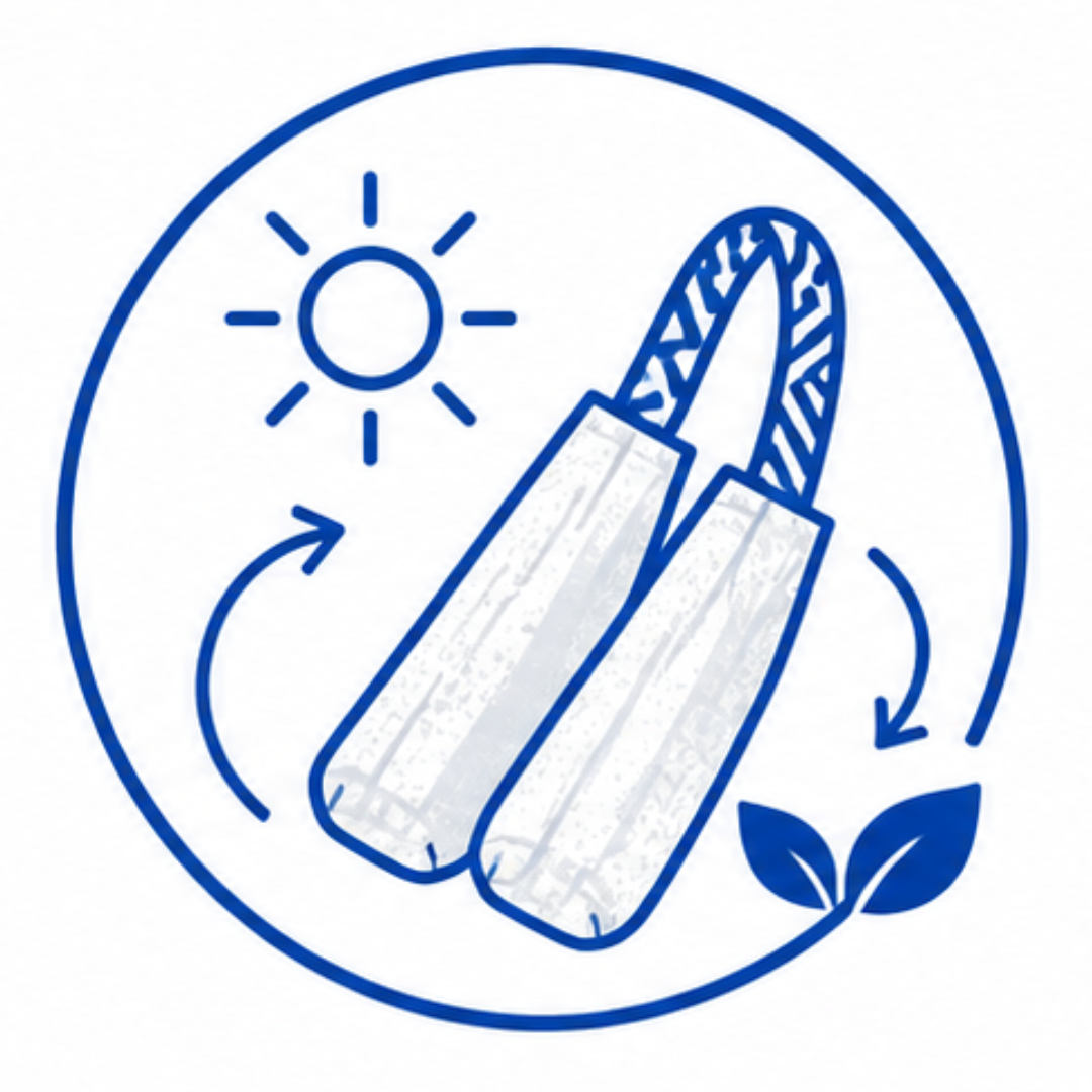 Blue line-art icon showing a pair of rechargeable activated bamboo charcoal deodorizers inside a circular frame with a sun, arrows, and leaves, on a white background.
