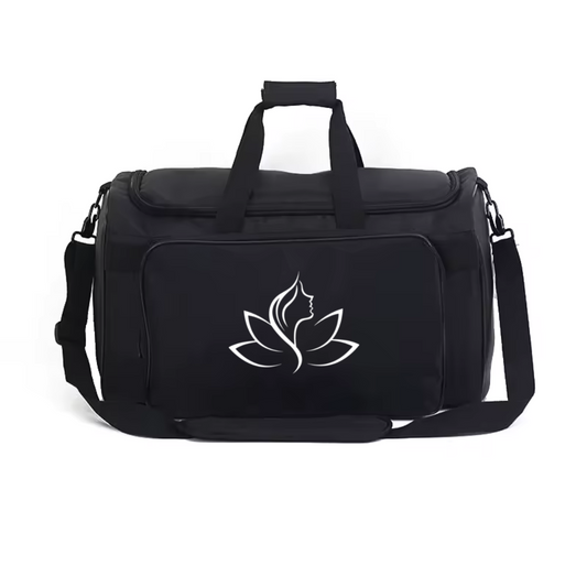 Black duffel bag with a white lotus flower design on a white background