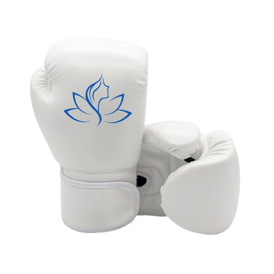 White boxing gloves with a blue lotus flower Relief X logo on a white backgroundl