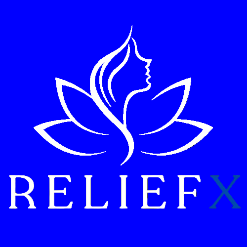Relief X white logo with name black background