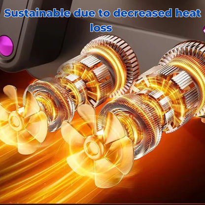 Close-up of metallic cooling fans with text about decreased heat loss from the boxing glove cleaner device